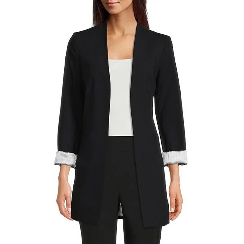 Calvin Klein Women's Blazer Open Front Roll Sleeve Collarless Size 12 Black - Picture 7 of 11